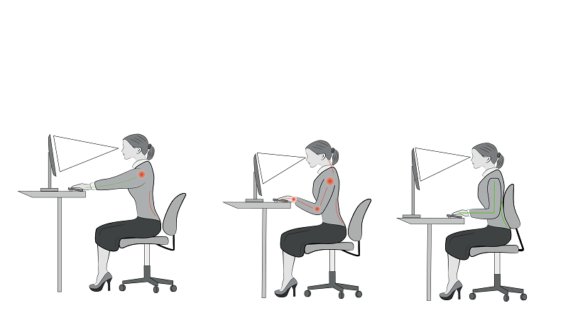 Desenho de uma mulher sentada à mesa de trabalho, demonstrando a postura adequada no ambiente laboral.