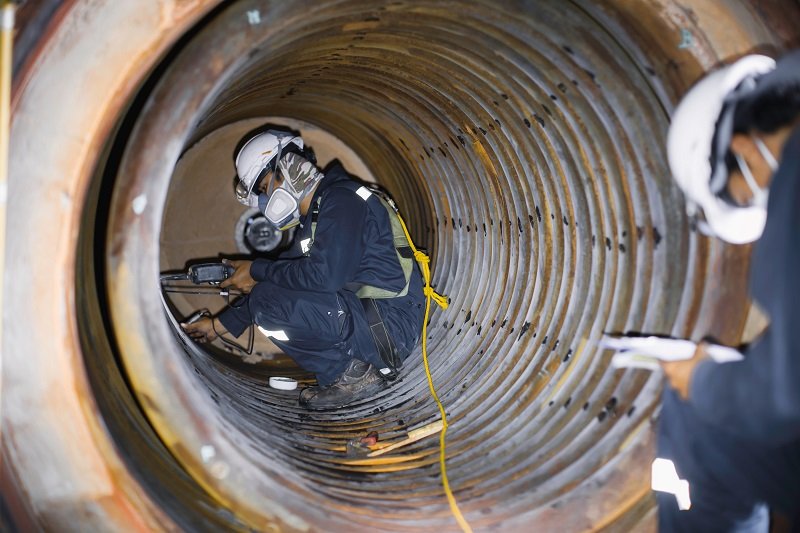 Homem trabalhando no interior de uma tubulação, considerada espaço confinado, com o uso de equipamentos de segurança, para representar o cumprimento às exigências da NR-33