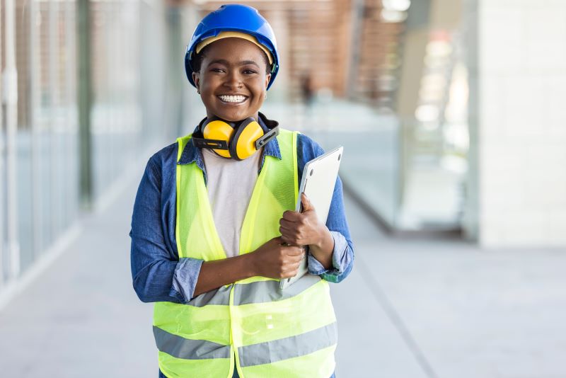 Mulher usando equipamentos de proteção individual no trabalho. O uso dos EPIs são um bom exemplo de como reduzir acidentes de trabalho.