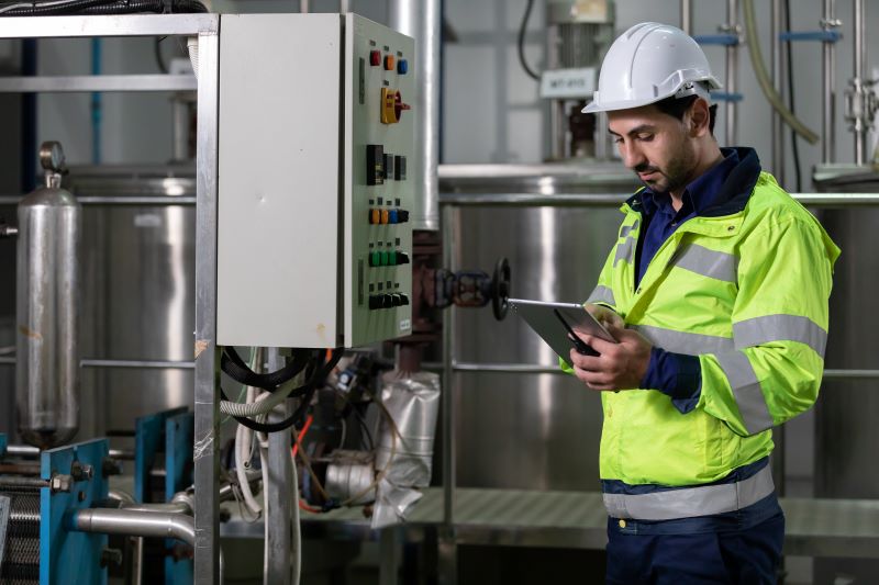 Homem utilizando EPIs em frente a caixa elétrica de indústria, enquanto lê sobre segurança do trabalho em seu tablet.