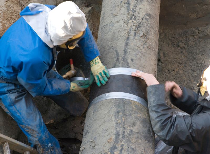 Trabalhadores removem resíduos de amianto de uma tubulação de gás, enquanto usam todos os EPIs necessários