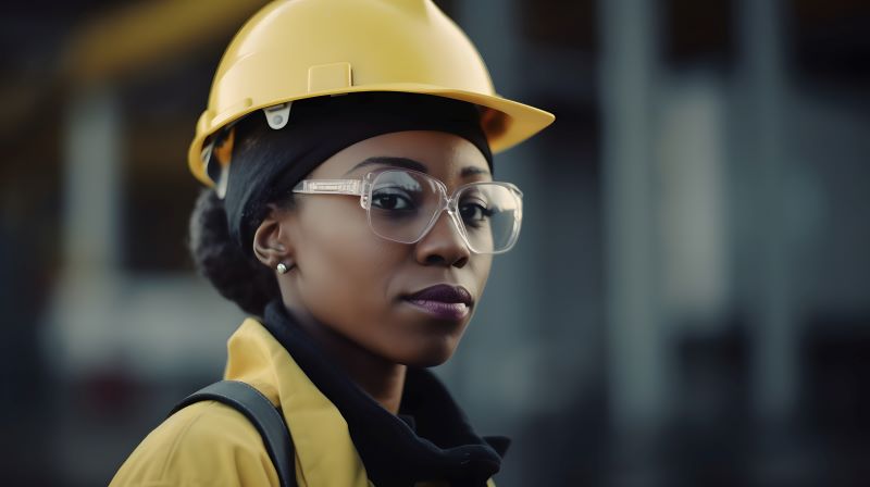 Mulher usando capacete amarelo e óculos de proteção em seu ambiente de trabalho representa a importância da validade do LTCAT.