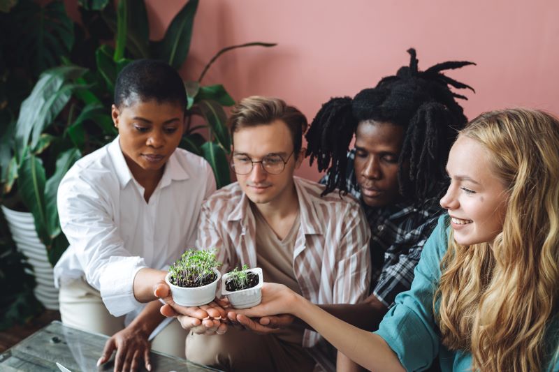 Ecoeficiência: imagem simbólica de grupo de trabalhadores segurando pequenos vasos de plantas.