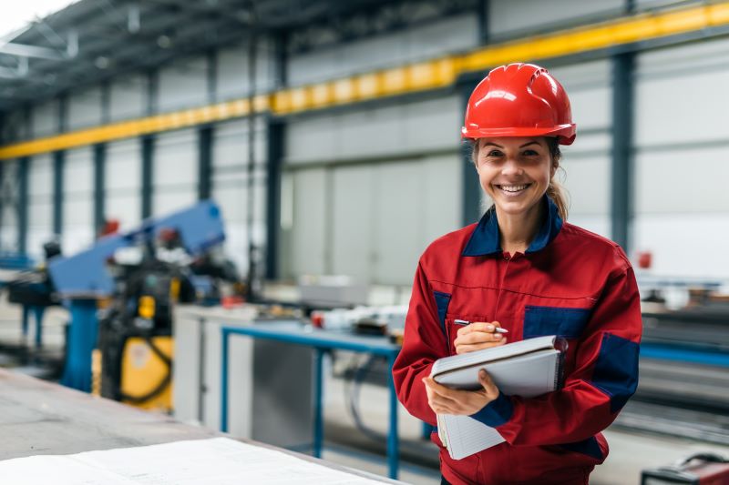 Engenheira realizando análise preditiva em indústria, sorrindo para a câmera e fazendo anotações.