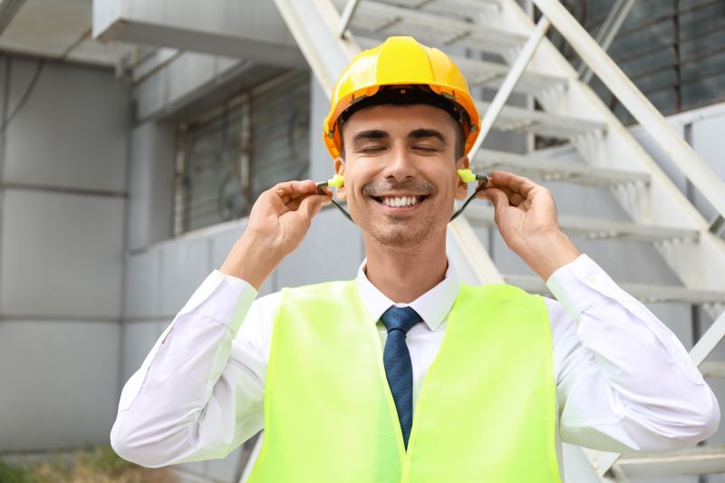 Protetor auricular​: funcionário sorridente colocando protetores auriculares.