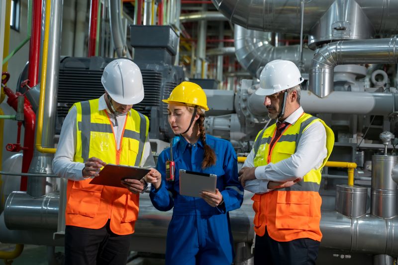 Técnico em segurança do trabalho​: três técnicos trabalhando em indústria.