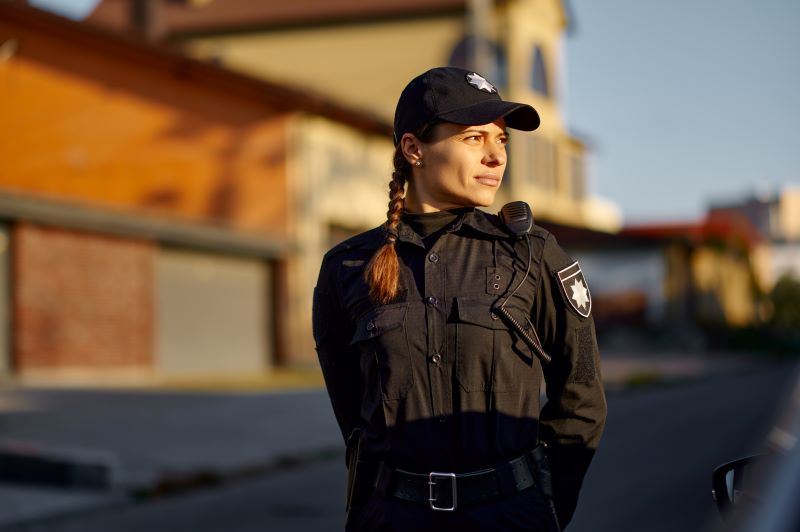 aposentadoria especial do vigilante​: mulher fardada em pose formal em via pública