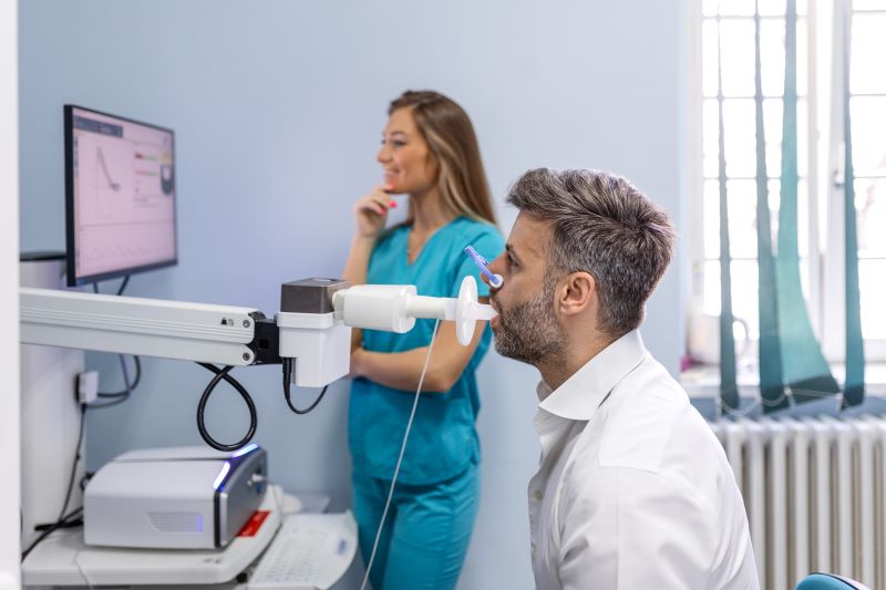 espirometria para que serve​: homem realizando exame de espirometria